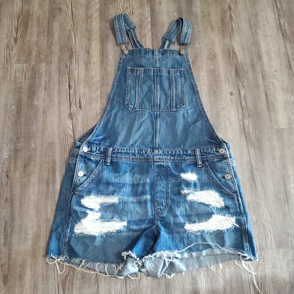 American Eagle Distressed Tom-girl Denim Shortalls Overalls Size Large